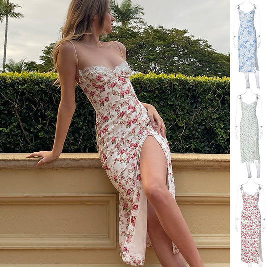 Lace Flowers Print Long Dress Sexy Fashion Slit Suspender Dress Summer Womens Clothing Overview: Unique design, stylish and beautiful. Good material, comfortable wear. A variety of colors, any choice. Product information: Material:Polyester fiber Style:Fa