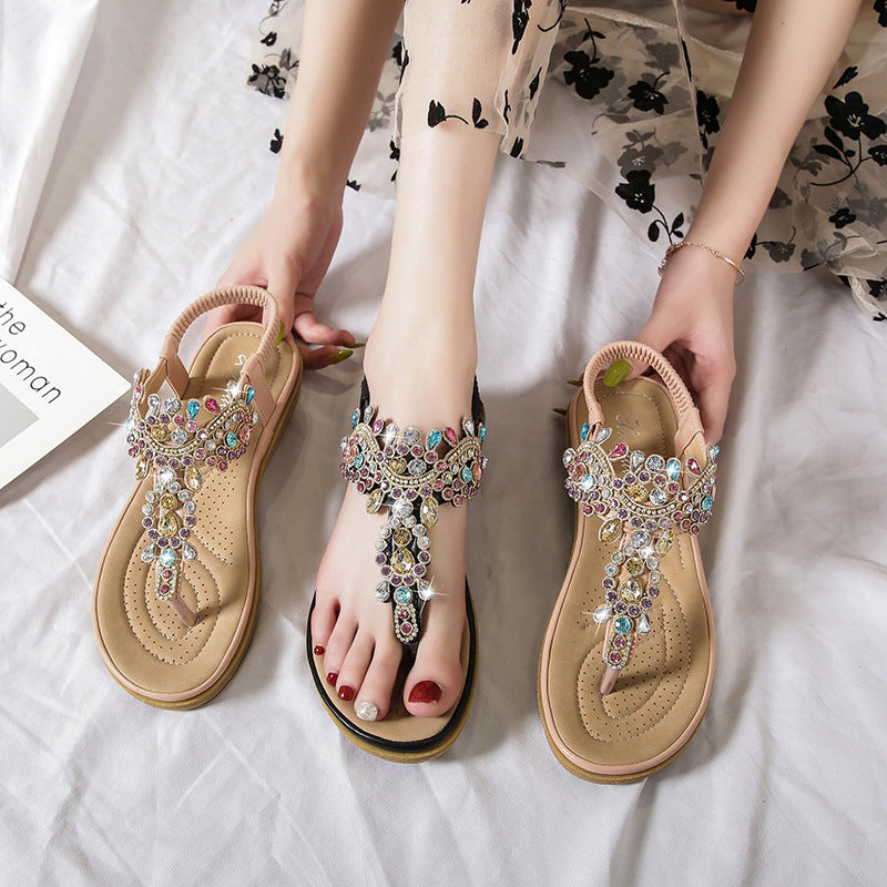 Bohemian L Fashion Rhinestone Flat Sandals Product information: Pattern: Ethnic Lining material: Microfiber Color: black, pink Upper height: low top Processing Method: spot drill Size: 36, 37, 38, 39, 40, 41 Sole craft: viscose shoes Sole material: rubber