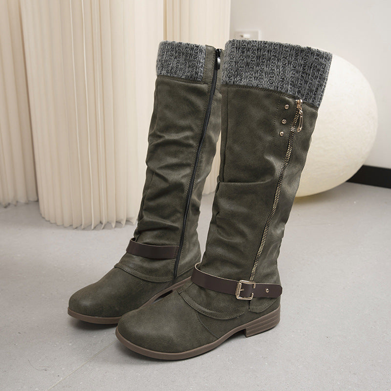 Plus Size Long Tube Women's Boots Chunky Heel Side Zip Wool Stitching Product information: Lining material: Cotton Color: red, black, purple, green, brown Heel height: mid heel (3-5CM) Length of socks: Middle calf Size: 36, 37, 38, 39, 40, 41, 42, 43 Sole