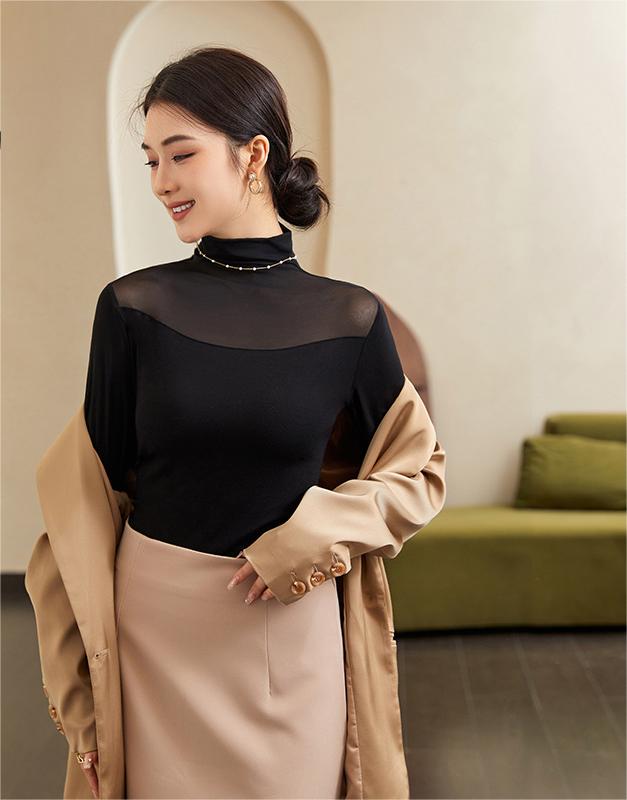 Autumn And Winter Half-high Collar Mesh Thin Transparent T-shirt Lace Top For Women Product information: Fabric name: Regenerated Cellulose fiber Color: pink, khaki, red, white, black Sleeve type: regular sleeve Elastic force: medium elastic Main fabric c