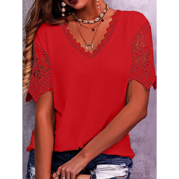Lace Tops Women Summer Loose V Neck Short Sleeve Casual Shirts Product Information: Fabric name: polyester fiber Main fabric composition: polyester fiber (polyester) Main fabric component 2: cotton Pattern: Solid color Style: Pullover Sleeve length: Short