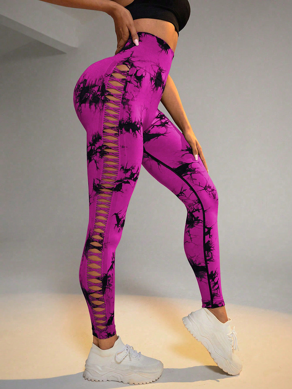 Hollow Tie Dye Printed Yoga Pants High Waist Butt Lift Seamless Sports Gym Fitness Leggings Slim Pants For Women Tight Trousers Overview: Unique design, stylish and beautiful. Good material, comfortable wear. A variety of colors, any choice. Product infor