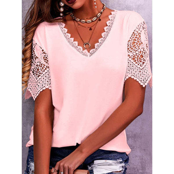 Lace Tops Women Summer Loose V Neck Short Sleeve Casual Shirts Product Information: Fabric name: polyester fiber Main fabric composition: polyester fiber (polyester) Main fabric component 2: cotton Pattern: Solid color Style: Pullover Sleeve length: Short