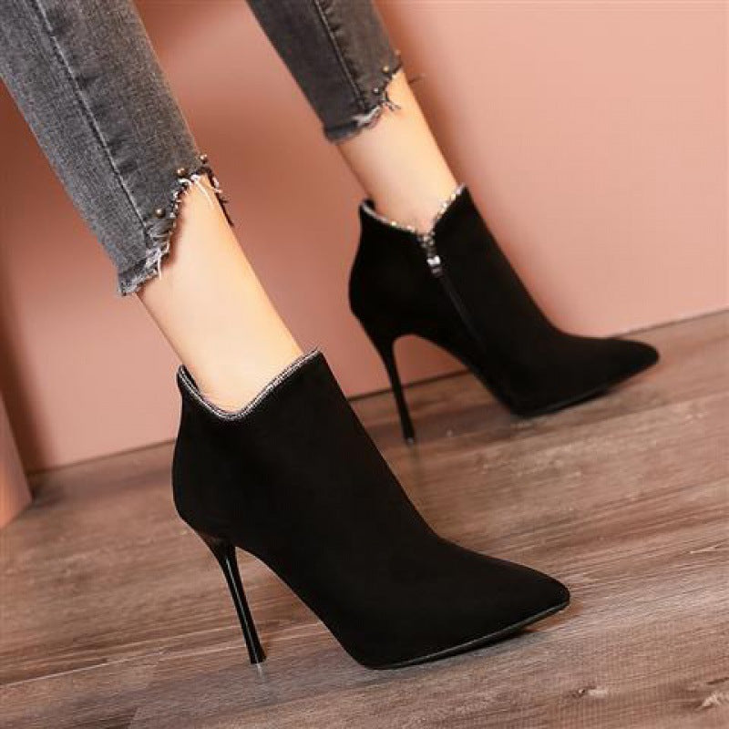 Martin Boots Women's Thin Boots Pointed High-heeled Short Boots Stiletto High-heeled All-match Winter Product information: Toe shape: pointed Heel shape: stiletto Popular boots: other Popular elements: rhinestones Function: heightening, shock absorption S