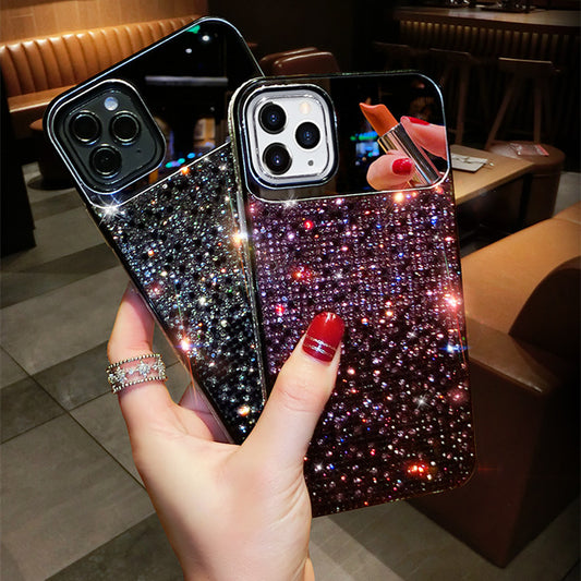 European And American Punk Gradient Rhinestone Makeup Mirror Phone Case Overview: Note: Cover for Apple mobile phone model, not Apple mobile phone brand. Specification: Material: TPU Style: fashion casual Features: Rhinestone Colour: black, purple, blue P
