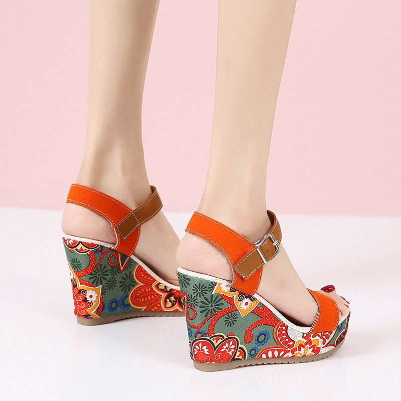 Fashion Flowers Embroidered High Wedge Sandals For Women Summer Toe Platform Buckle Shoes Overview: Unique design, stylish and beautiful. Good material, comfortable wear. A variety of colors, any choice. Product information: Upper Material:PU Toe shape: r
