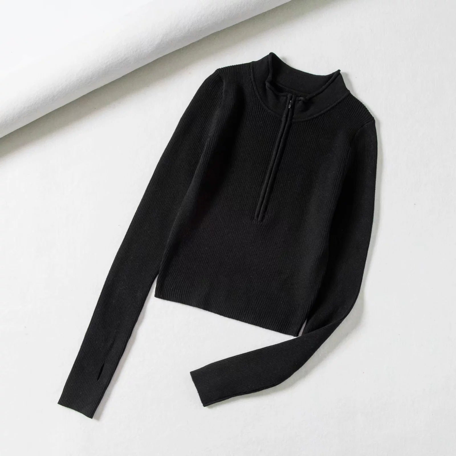 Half Zipped Stand Collar Midriff Outfit Skinny Knit Top Product information: Fabric name: Cotton Color: black, green, white, dark gray Main fabric composition: Cotton Size: free size Style type: private clothing socialite Sleeve length: long sleeve Popula