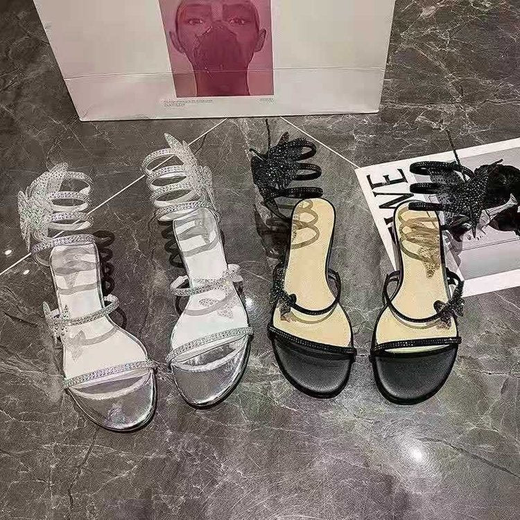 Rhinestone Snakelike Winding Sandals Women's Summer Low Heel New Flat Product information: Toe holder shape: round head Color: Silver Shoe Upper material: PU Size: 35,36,37,38,39,40 Applicable age: Adult Popular elements: waterproof platform Style: Korean