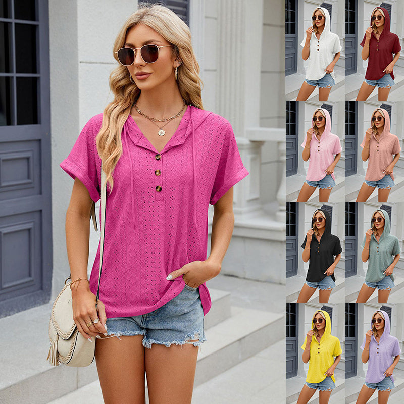 New Solid Color Hooded Button T-shirt Loose Hollow Design Short-sleeved Top For Womens Clothing Product information: Material:Rayon+Polyester+Spandex Style:Fashion Simple Features:Solid color Color:picture color Size Information: Note: 1. Asian sizes are