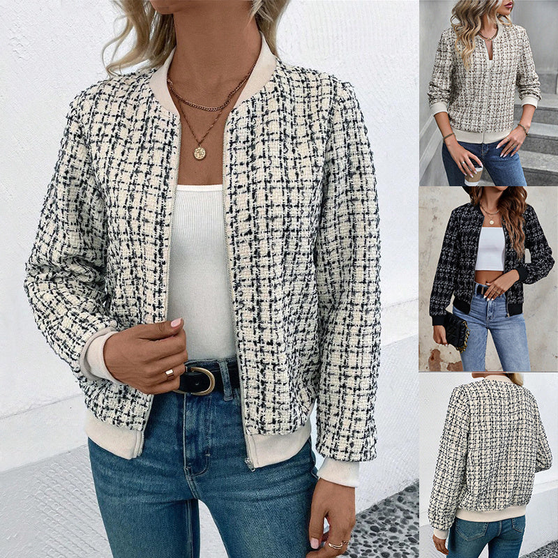 Fashion Plaid Zipper Short Jacket Autumn And Winter Casual Long Sleeve Baseball Clothing Women's Outwear Tops Product information: Fabric name: Polyester Main fabric composition: polyester (polyester fiber) Thickness: Medium Sleeve Type: Regular Sleeve Pa