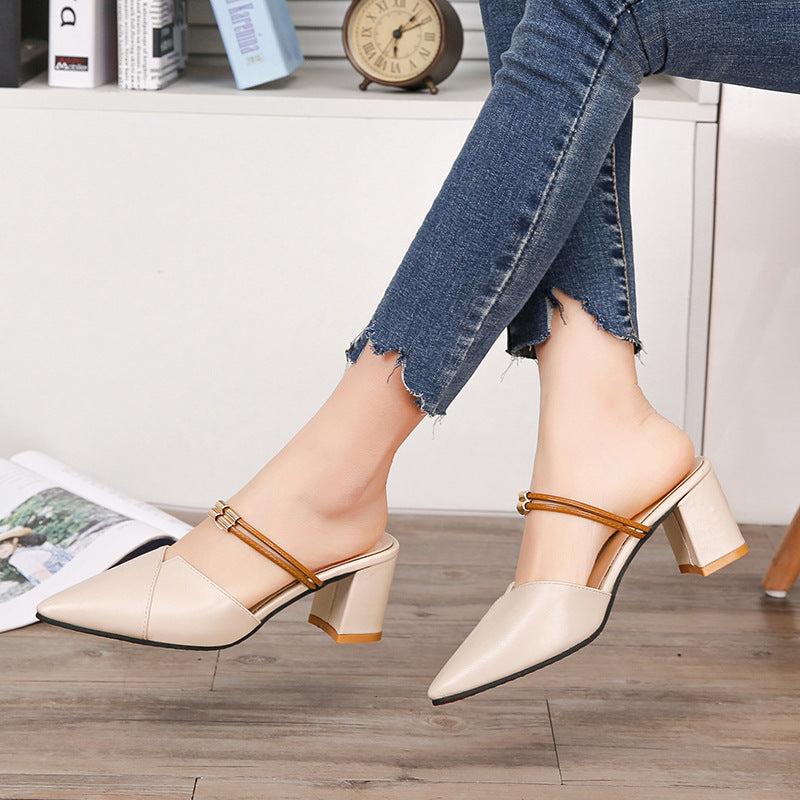 Pointed Toe Two-way Wear With Cool Half Slippers Chunky Heel Sandals Product information: Lining material: PU Color: beige, apricot Upper height: low top Heel height: mid heel (3-5CM) Heel shape: chunky heel Size: 35,36,37,38,39,40,41,42 Sole craft: visco