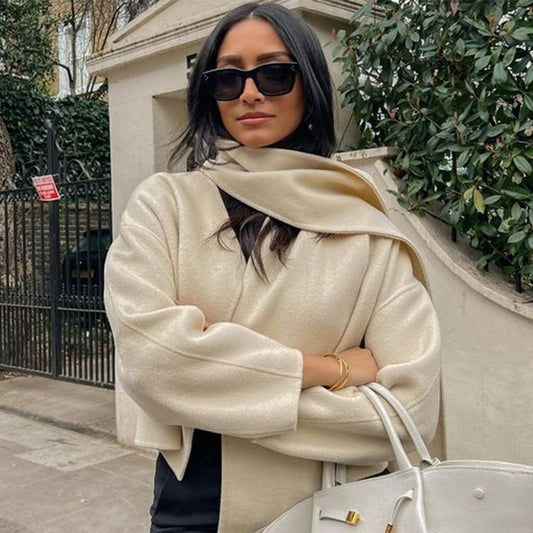 Women's Fashion Solid Color Scarf Woolen Coat Product information: Color: beige Size: S,M,L,XL Style type: temperament commute Popular elements: Scarf Fabric name: imitation worsted Main fabric composition: Polyester Style: Elegant style Craft: nap Note: