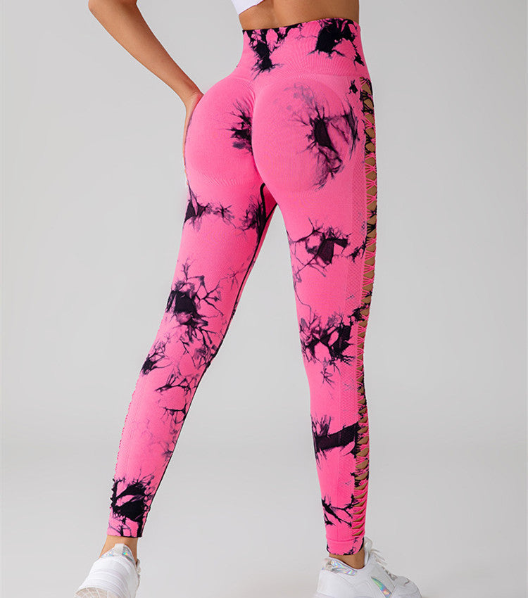Hollow Tie Dye Printed Yoga Pants High Waist Butt Lift Seamless Sports Gym Fitness Leggings Slim Pants For Women Tight Trousers Overview: Unique design, stylish and beautiful. Good material, comfortable wear. A variety of colors, any choice. Product infor