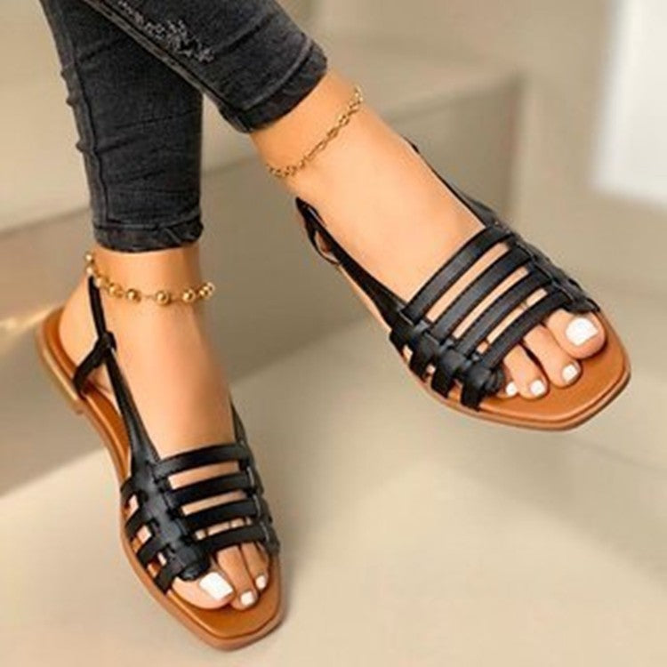 New Casual Woven Sand Roman Shoes Product information: Upper Material: Artificial PU Sole Material: Rubber Style: Europe and America Toe shape: fish mouth Popular elements: sequins Wearing style: buckle Function: breathable, light Sole craft: viscose shoe