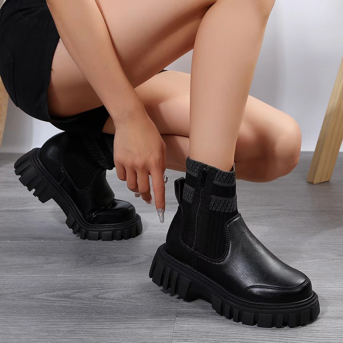 Fashion Mid-tube Boots With Zipper Design Non-slip Thick Sole Elastic Knitted Patchwork Boots For Women Round Toe Shoes Winter Overview: Unique design, stylish and beautiful. Good material, comfortable feet. A variety of colors, any choice. Specification: