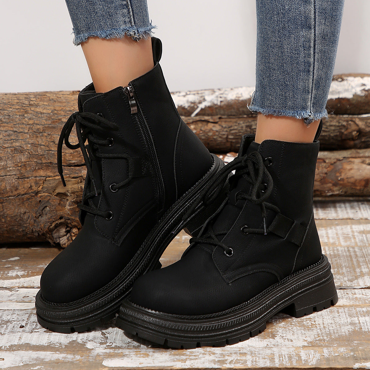 Square-heeled Lace-up Boots For Women Fall Winter All-match Slim Shoes Fashion Ankle Boot Product information: Upper material: microfiber Sole material: rubber Toe shape: round head Heel shape: thick heel Tube height: low tube How to wear: front strap Col