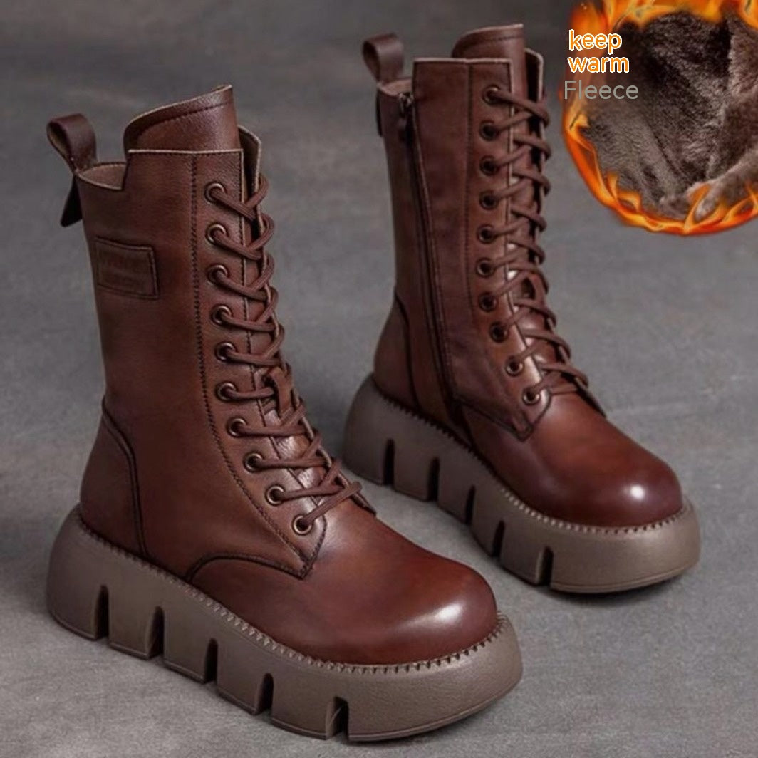 Patent Leather Retro Style British Style Comfortable Low Heel Autumn And Winter Fleece-lined Fashion Boots Product information: Pattern: solid color Lining material: artificial plush Color: black, dark brown, black, cotton lining, Brown with cotton lining