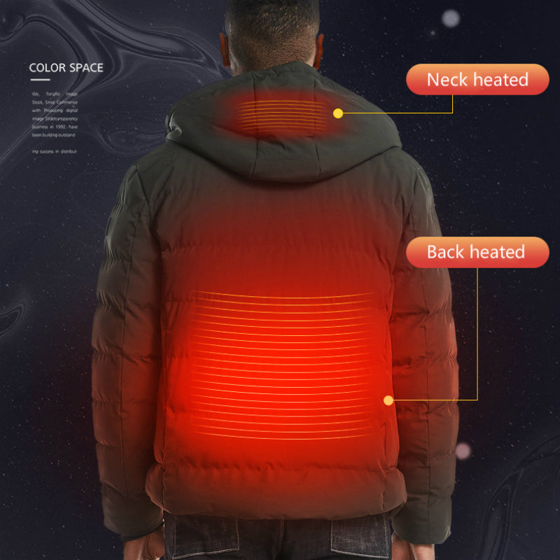 New Men Women Cotton Coat USB Smart Electric Heated Jackets Winter Thicken Down Hooded Outdoor Hiking Ski Clothing 7XL Overview: 1.100%New high quality Heating Electric down jacket USB 2. One button heating, three-speed temperature control, intelligent he