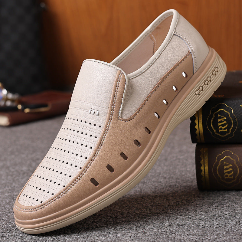Men's Leather Shoes Casual Leather Shoes Hollow Soft Bottom Soft Leather Non-slip Middle-aged People's Shoes Product information: Lining material: pigskin Color: white【 hollow hole], white【 Four Seasons]] Size: 38,39,40,41,42,43,44 Sole material: rubber S