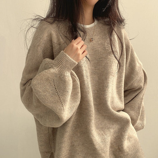 Crewneck Pullover Lantern Sleeve Loose Sweater Woman Product information: Material: wool Size: Average size Color categories: Dark grey, Khaki, coffee Size Information: Average size Packing list: Sweater*1pc Product Image: Crewneck Pullover Lantern Sleeve