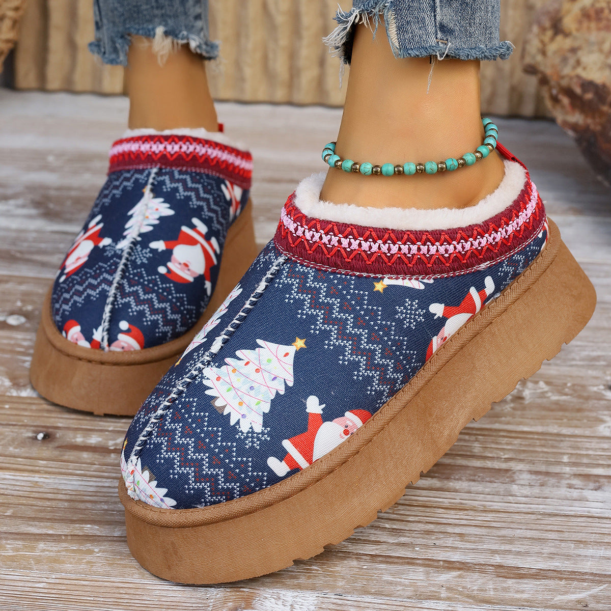 Women's Cartoon Christmas Print Ankle Boots Casual Slip On Plush Lined Home Shoes Comfortable Winter Short Boots Overview: Unique design, stylish and beautiful. Good material, comfortable wear. A variety of colors, any choice. Product information: Toe sha