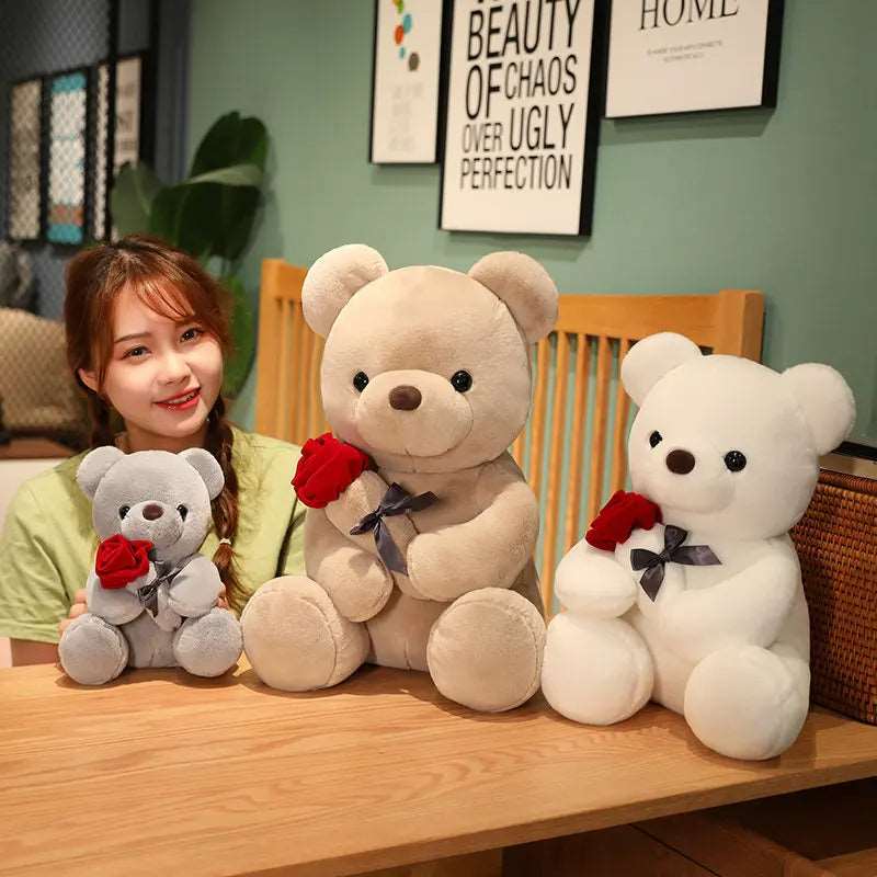 23-45cm New Lovely Hug Roses Teddy Bear Plush Pillow Stuffed Soft Animal Dolls Nice Birthday Gift Girlfriend Valentine's Day Overview: For the sake of rest and to make kids play with it this texture is soft and comfortable to hug, It has a vivid cartoon c