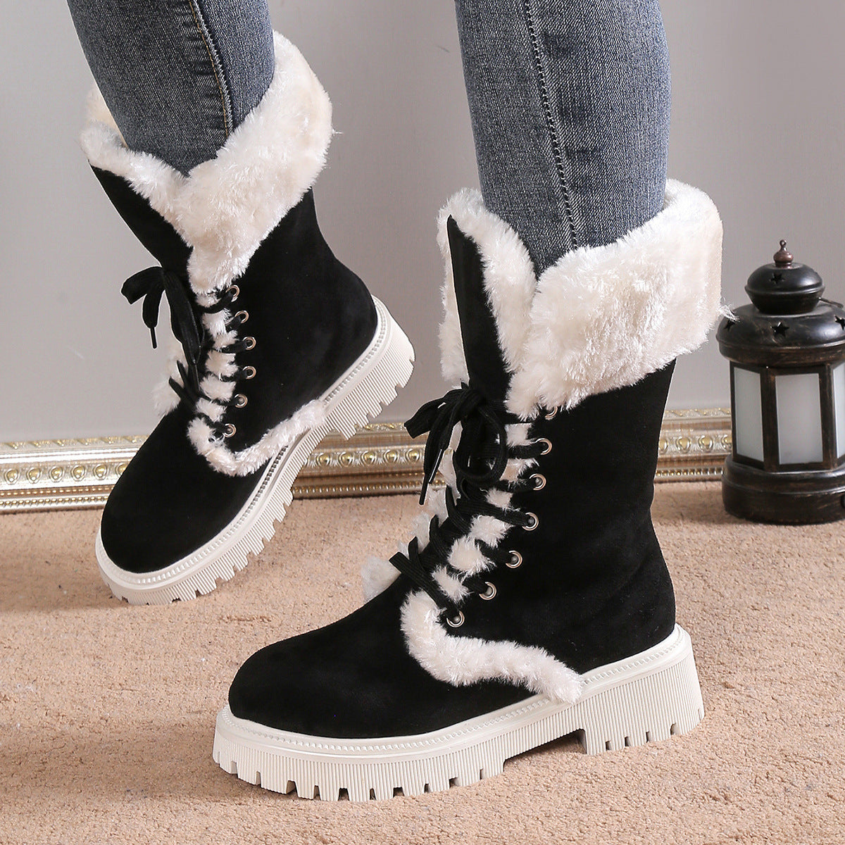 Winter Lace-up Snow Boots For Women Mid-tube Fleece Shoes Warm Chunky Heels Plush Boot Product information: Product category: Snow boots Applicable age: adult Upper material: suede (abrasive leather) Sole material: rubber Applicable gender: female Style: