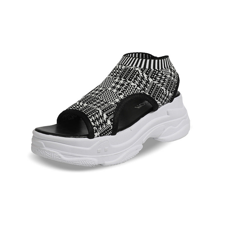 Flying Woven Sandals Women's New Summer Flat-Bottomed Style Comfortable Elastic Thick-Soled Sports Fish Mouth Shoes Large Size Factory Product information: Product category: sports sandals Applicable age: adult Upper Material: Artificial PU Sole Material: