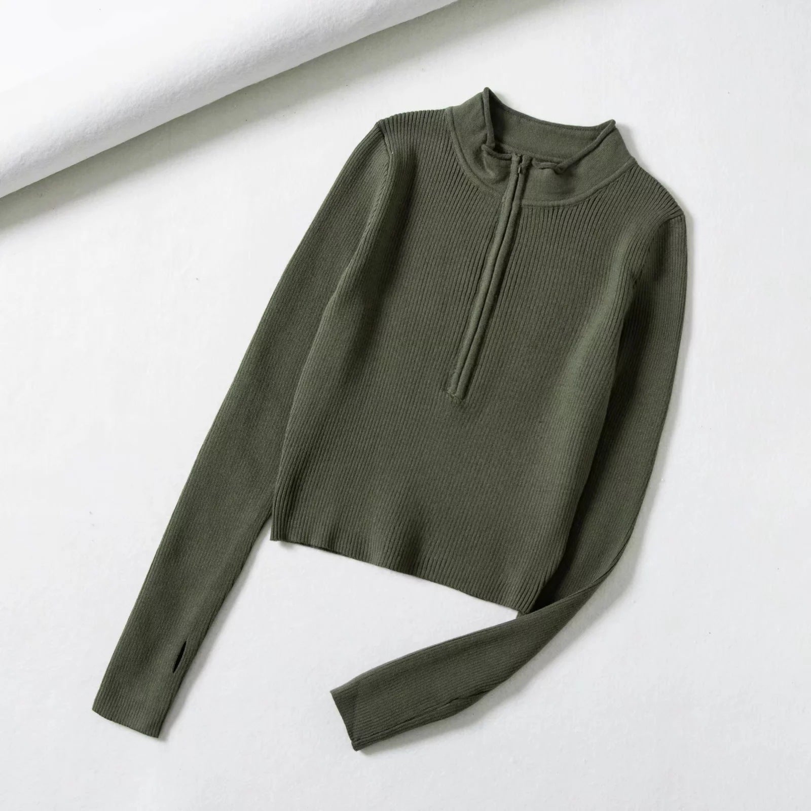 Half Zipped Stand Collar Midriff Outfit Skinny Knit Top Product information: Fabric name: Cotton Color: black, green, white, dark gray Main fabric composition: Cotton Size: free size Style type: private clothing socialite Sleeve length: long sleeve Popula