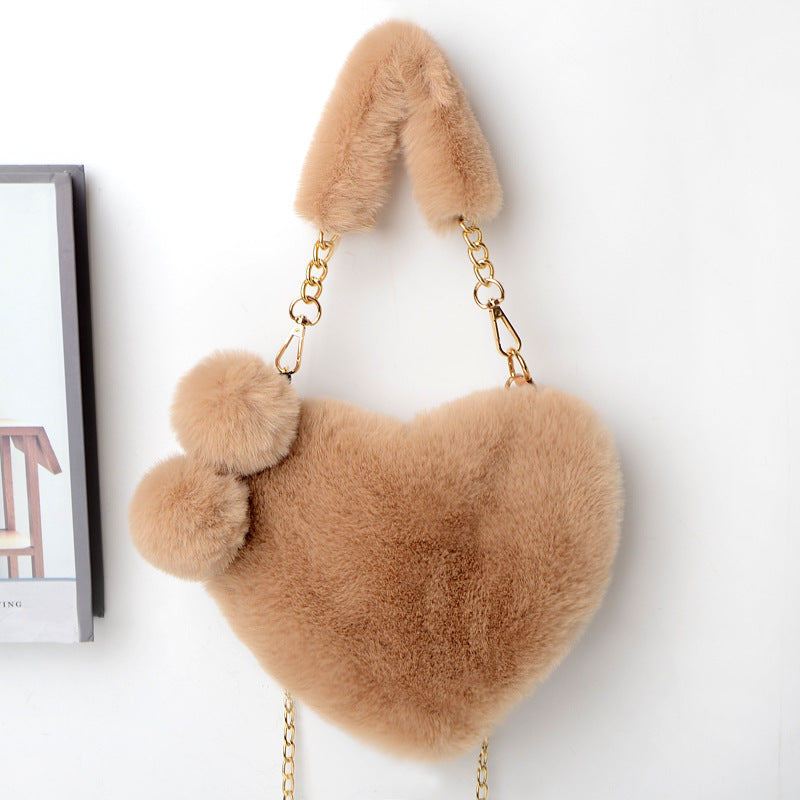 Love Bags Soft Plush Handbags Women Valentine's Day Party Bag Product information: Style: fresh and sweet Material: plush Luggage trend style: fur bag Bag size: medium Lining texture: synthetic leather Bag shape: heart Opening method: zipper Pattern: soli