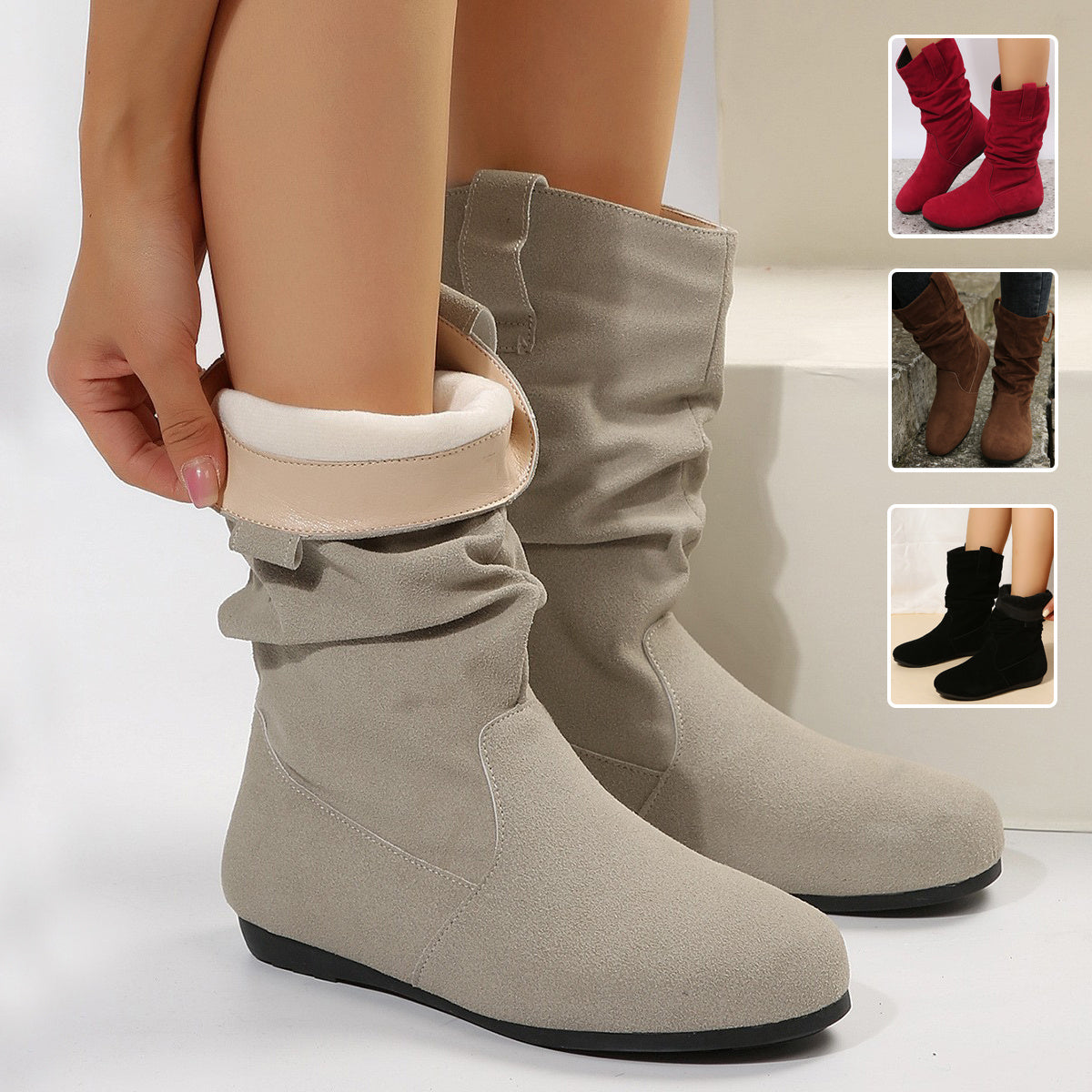 Round Toe Flat Boots Fashion Solid Color Suede Mid-calf Boot Winter Warm Shoes For Women Overview: Unique design, stylish and beautiful. Good material, comfortable feet. A variety of colors, any choice. Specification: Product Category: Fashion Boots Shoe
