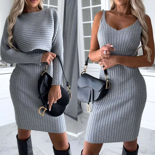 2pcs Suit Women's Solid Stripe Long-sleeved Top And Tight Suspender Skirt Fashion Autumn Winter Slim Clothing Overview: Unique design, stylish and beautiful. Good material, comfortable wear. A variety of colors, any choice. Product information: Size: S,M,