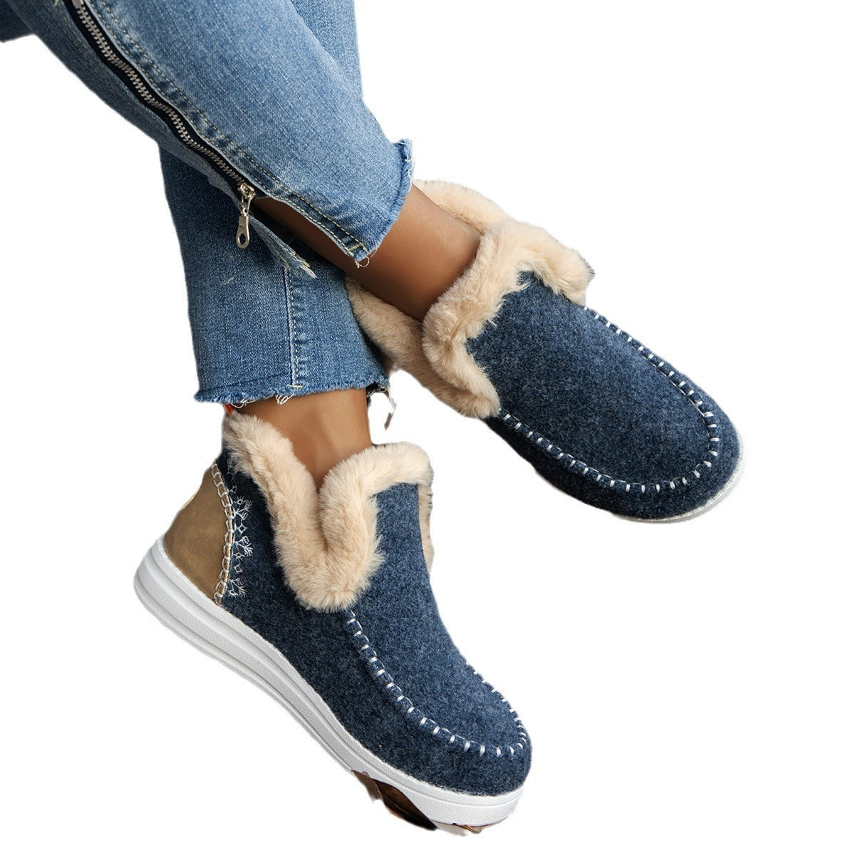 Plus Size Fleece-lined Thicker Raw Edge Warm Flat Bottom Cotton Shoes Product information: Lining material: artificial plush Color: Black, reddish brown, gray, khaki, Blue Upper height: low top Heel height: low heel (1-3CM) Sock length: short tube Heel sh