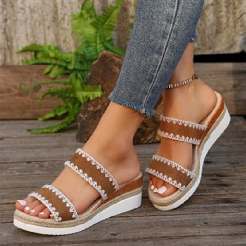 New Hemp Rope Woven Wedge Slippers Summer Ethnic Style Sandals Double Wide Strappy Shoes For Women Overview: Unique design, stylish and beautiful. Good material, comfortable wear. A variety of colors, any choice. Product information: Upper material: suede