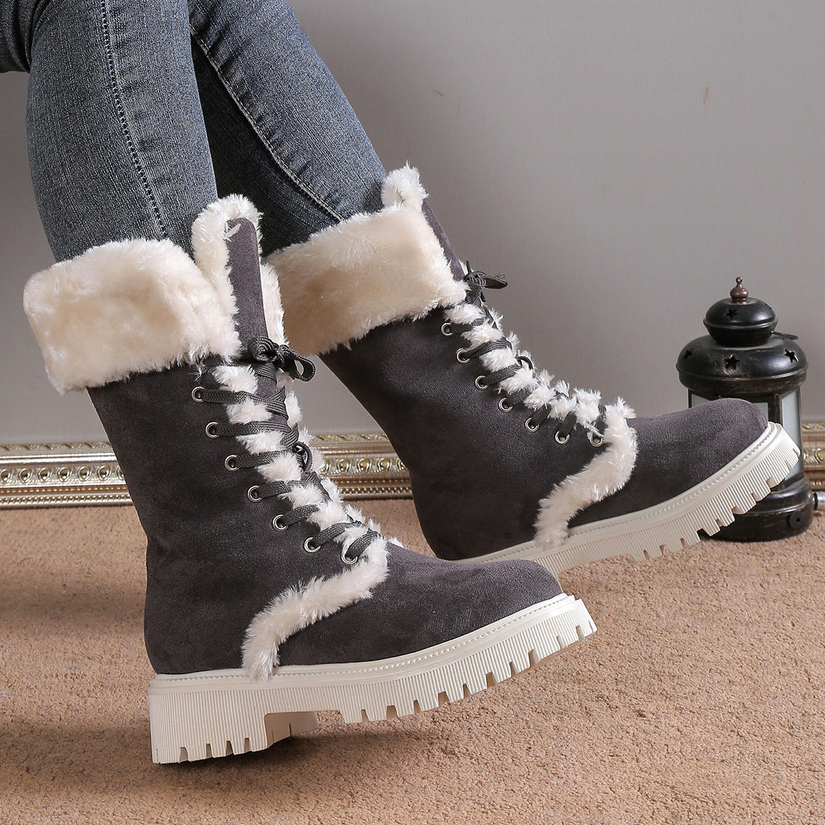 Winter Lace-up Snow Boots For Women Mid-tube Fleece Shoes Warm Chunky Heels Plush Boot Product information: Product category: Snow boots Applicable age: adult Upper material: suede (abrasive leather) Sole material: rubber Applicable gender: female Style:
