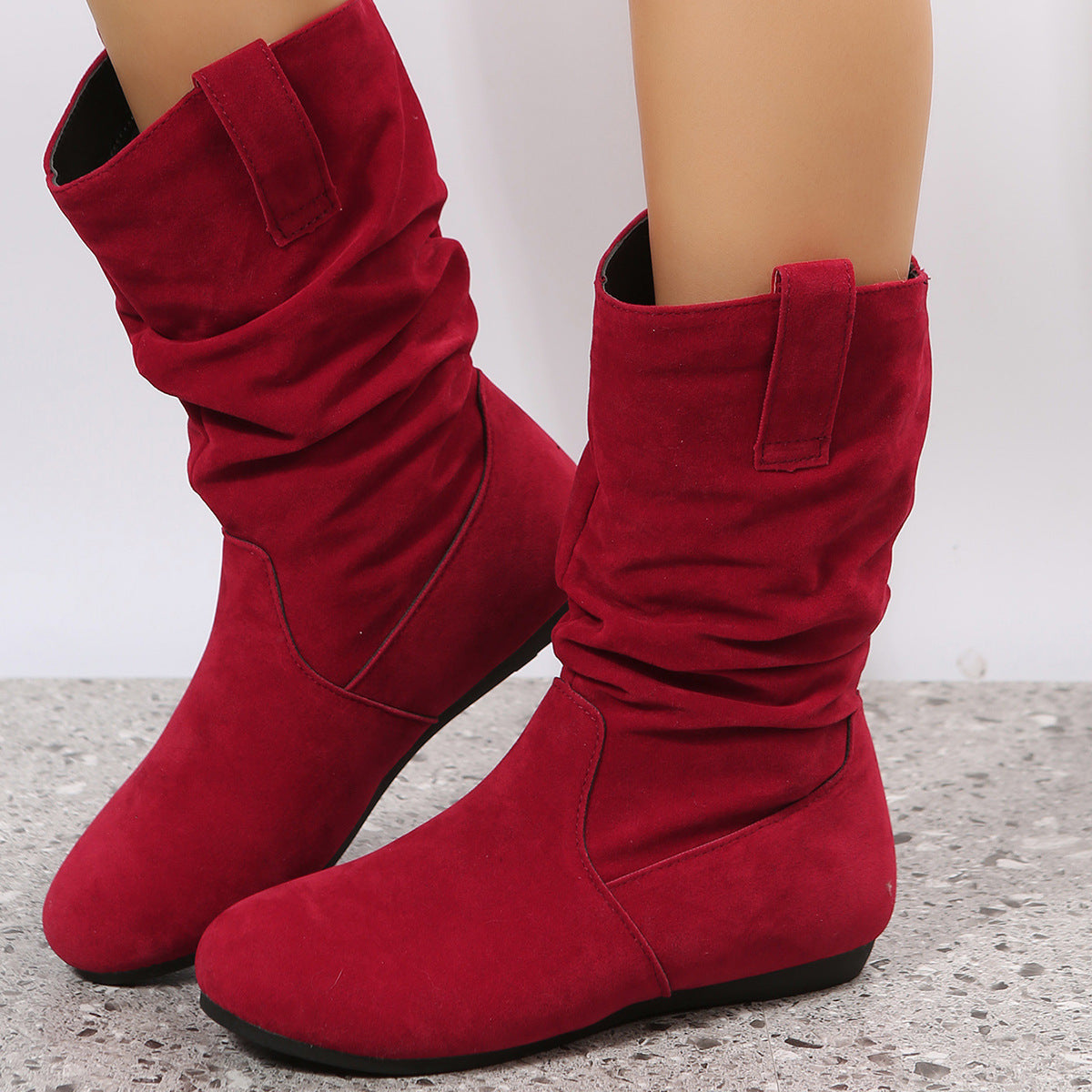 Round Toe Flat Boots Fashion Solid Color Suede Mid-calf Boot Winter Warm Shoes For Women Overview: Unique design, stylish and beautiful. Good material, comfortable feet. A variety of colors, any choice. Specification: Product Category: Fashion Boots Shoe