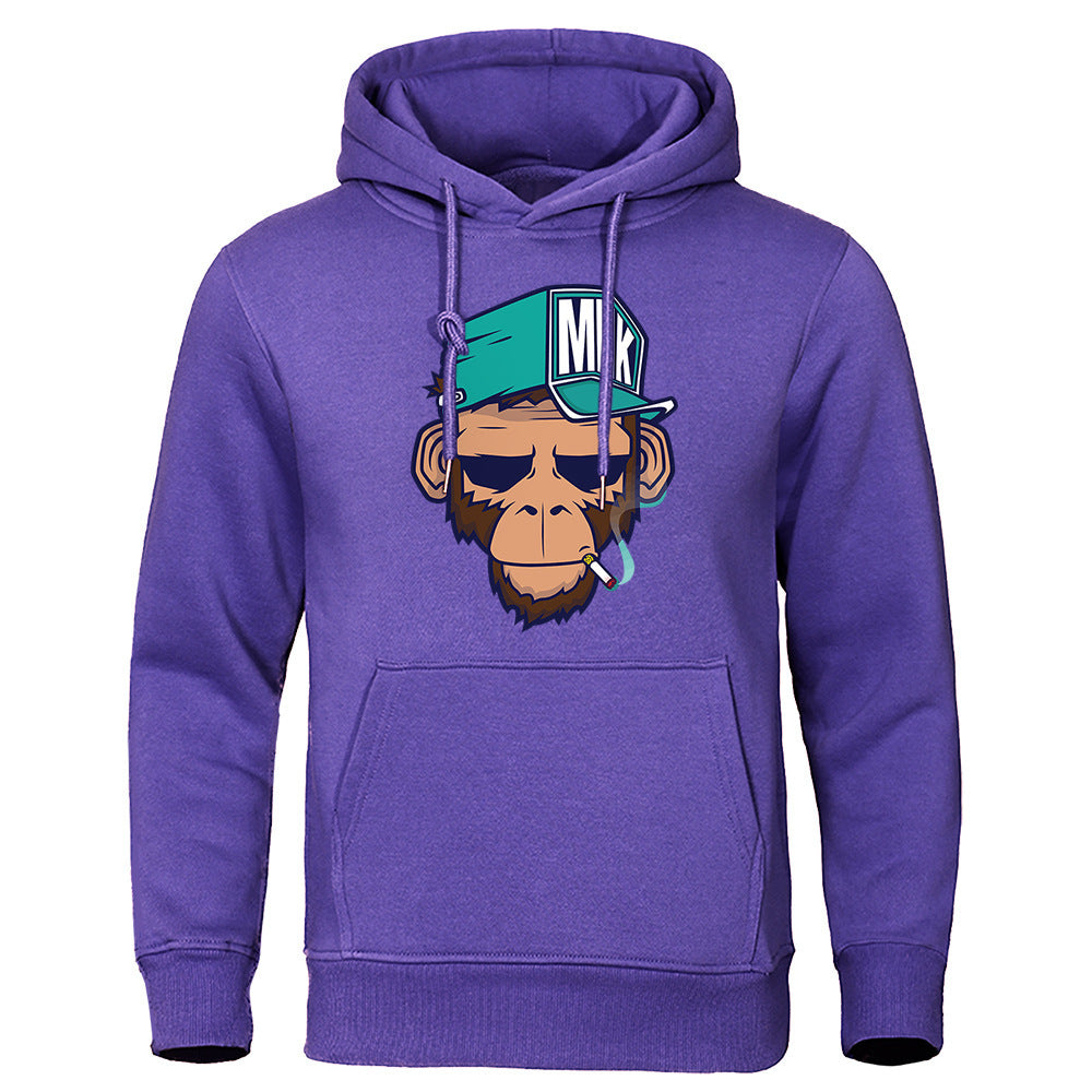 Personality Smoking Monkey Hoodie Sweatshirt Hip Hop Casual Street Hooded Product information: Pattern: pattern Pocket Style: side seam sidekick Color: Black, royal blue, dark blue, gray, orange, purple, red, white, yellow, khaki, dark gray Size: S,M,L,XL