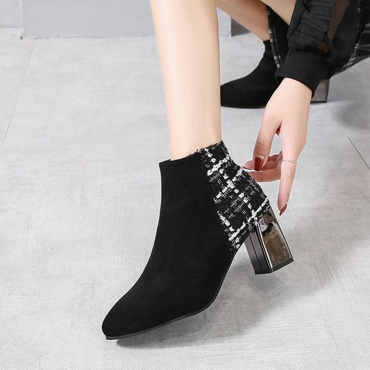 Chunky Heel Ankle High Heels Women's Pointed-toe Boots British Style Short Boots Product information: Color: Black Shoe Upper material: artificial PU Sock length: mid-calf Size: 35,36,37,38,39 Applicable Gender: Female Leather characteristics: PU Popular