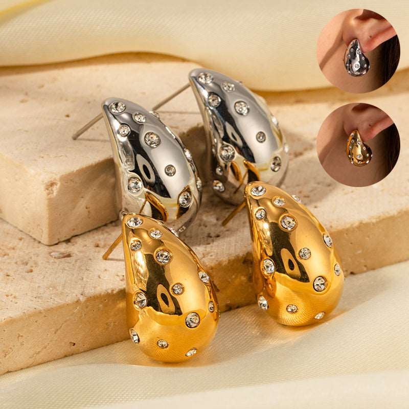 18K Gold-plated Stainless Steel Inlaid Zircon Chubby Stud Earrings INS Product information: Treatment Process: Electroplating Color: gold, silver Applicable population: Female Material: Stainless steel Shape: Geometry Popular elements: water droplets Styl