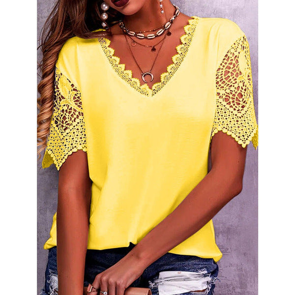 Lace Tops Women Summer Loose V Neck Short Sleeve Casual Shirts Product Information: Fabric name: polyester fiber Main fabric composition: polyester fiber (polyester) Main fabric component 2: cotton Pattern: Solid color Style: Pullover Sleeve length: Short
