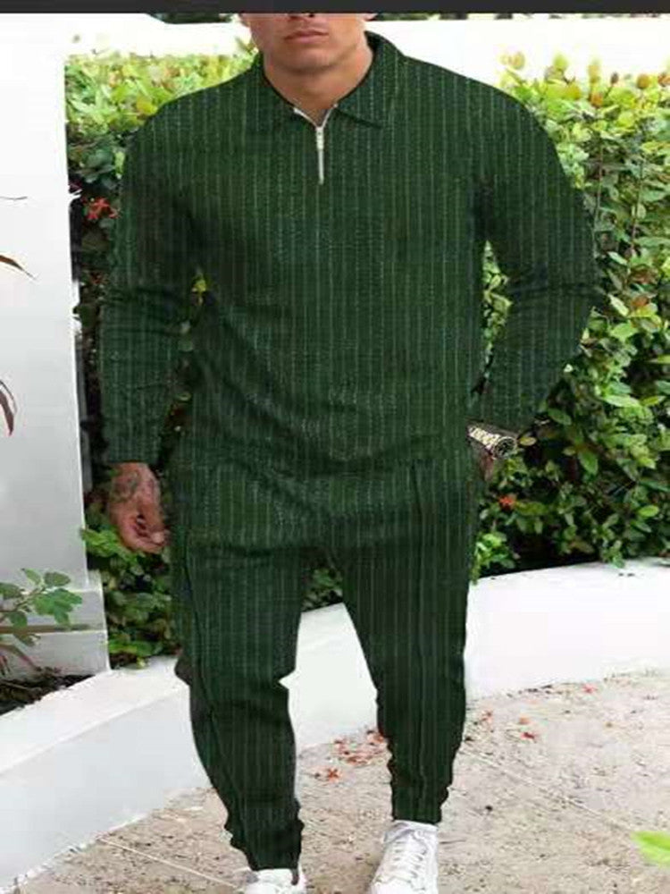 New Slim Trendy Casual Striped Suit Men Product Information: Style: Vintage Thickness: General Length: trousers Top style: T-shirt POLO shirt Top sleeve length: long sleeve Whether hooded: not hooded Fabric name: cotton blended Main fabric composition: po