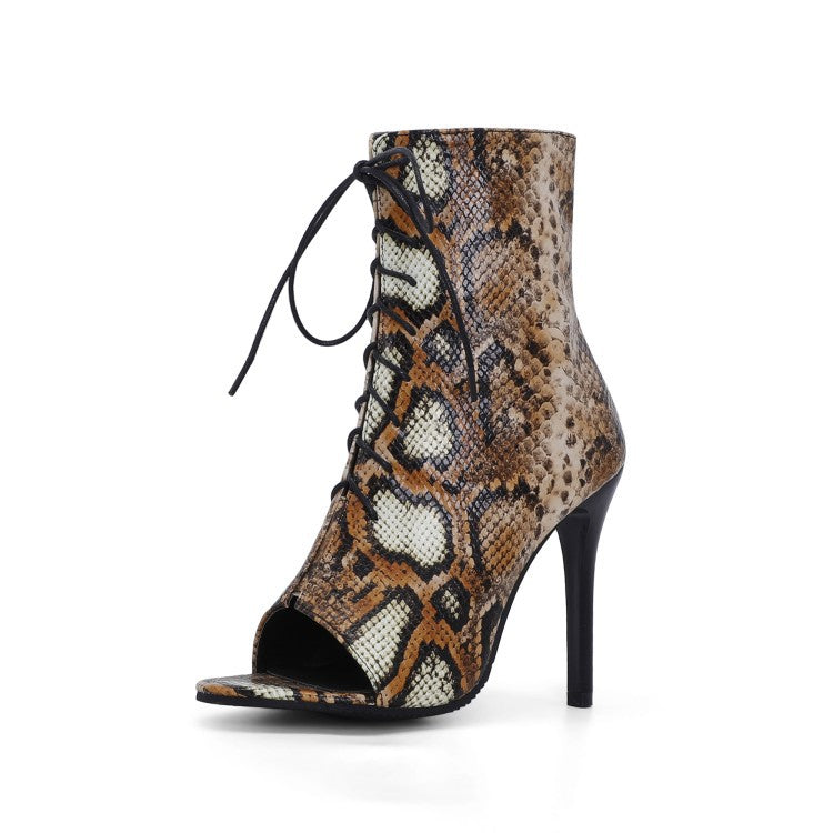 Summer Peep Toe Sandals Stiletto Heel Lace-up Product information: Toe bracket shape: Fish Mouth Color: Black PU, yellow PU, snake Brown, denim blue Shoe Upper material: artificial pu Heel height: super high heel (above 8CM) Heel shape: stiletto heels Wea