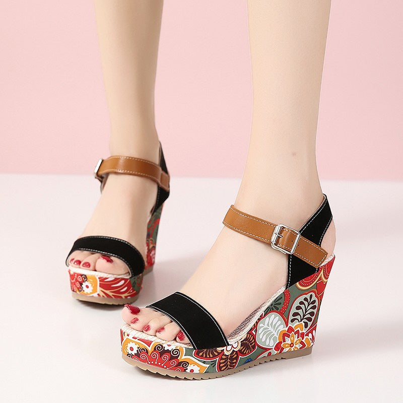 Fashion Flowers Embroidered High Wedge Sandals For Women Summer Toe Platform Buckle Shoes Overview: Unique design, stylish and beautiful. Good material, comfortable wear. A variety of colors, any choice. Product information: Upper Material:PU Toe shape: r