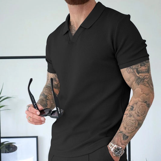 Men's Fashion Waffle V-neck Short-sleeved Shorts Two-piece Set Product information: Color: khaki, sapphire blue, black, white, light gray Size: M,L,XL,2XL,3XL Fabric name: Waffle Main fabric composition: Polyester Fiber (polyester) Size: Note: 1. Asian si