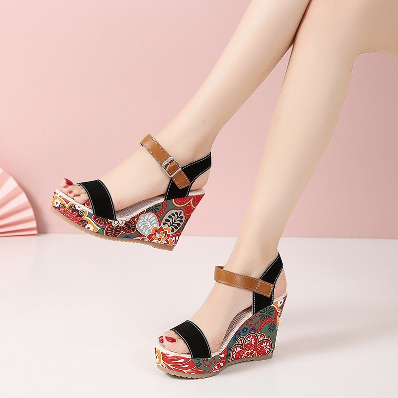 Fashion Flowers Embroidered High Wedge Sandals For Women Summer Toe Platform Buckle Shoes Overview: Unique design, stylish and beautiful. Good material, comfortable wear. A variety of colors, any choice. Product information: Upper Material:PU Toe shape: r