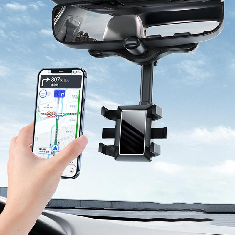 Rearview Mirror Phone Holder For Car Rotatable And Retractable Car Phone Holder Multifunctional 360 Rear View Mirror Phone Holder Suitable For All Mobile Phones And All Car Overviews: 【NO MORE LOOKING DOWN】- The car phone holder is mounted on the rearview