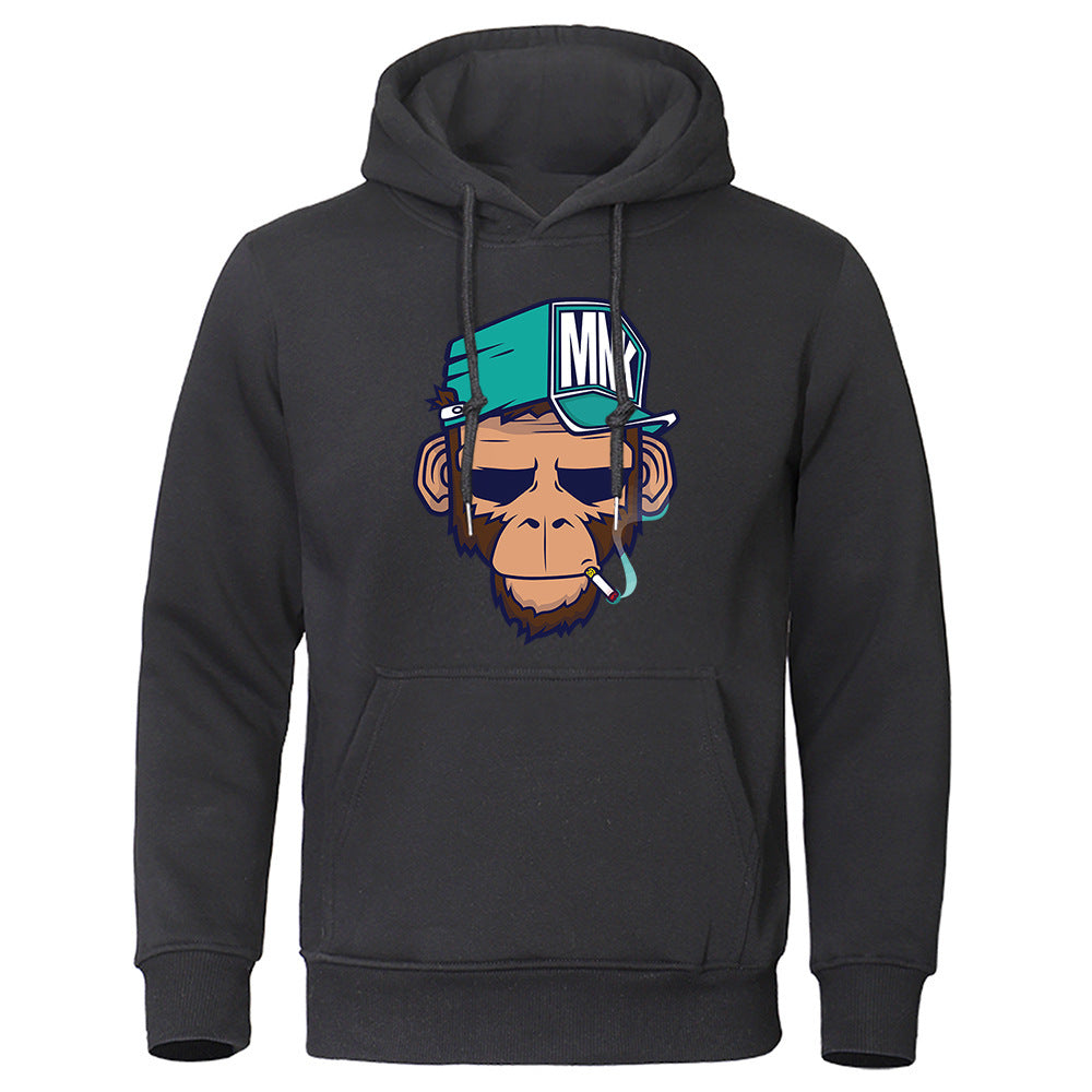 Personality Smoking Monkey Hoodie Sweatshirt Hip Hop Casual Street Hooded Product information: Pattern: pattern Pocket Style: side seam sidekick Color: Black, royal blue, dark blue, gray, orange, purple, red, white, yellow, khaki, dark gray Size: S,M,L,XL