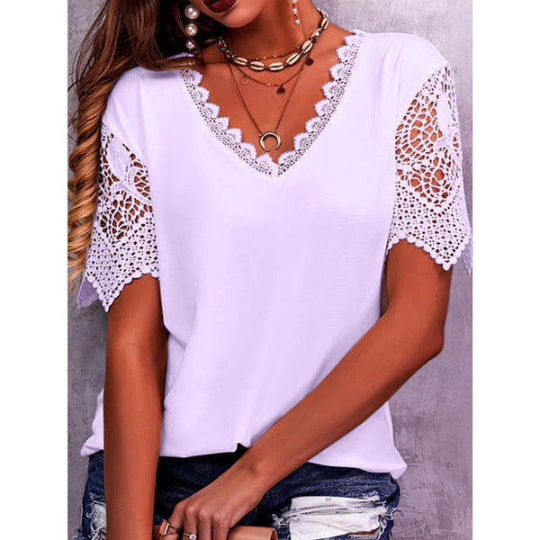 Lace Tops Women Summer Loose V Neck Short Sleeve Casual Shirts Product Information: Fabric name: polyester fiber Main fabric composition: polyester fiber (polyester) Main fabric component 2: cotton Pattern: Solid color Style: Pullover Sleeve length: Short