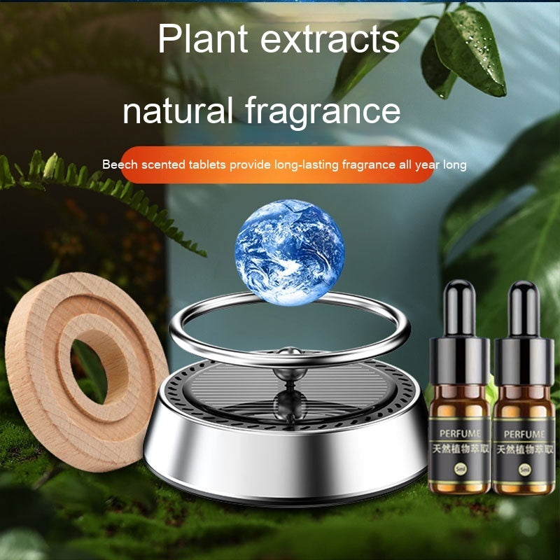 Solar Energy Rotating Car Aromatherapy Aluminum Alloy Car Interior Decoration Ornament Product information: Name: Floating planet Material: alumimum, zinc alloy, solid wood Size: 8.3*8 * 8cm Ingredients: plant sesame oil Jasmine Scented Green tea: Beech S