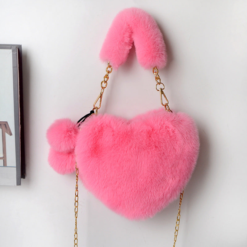 Love Bags Soft Plush Handbags Women Valentine's Day Party Bag Product information: Style: fresh and sweet Material: plush Luggage trend style: fur bag Bag size: medium Lining texture: synthetic leather Bag shape: heart Opening method: zipper Pattern: soli